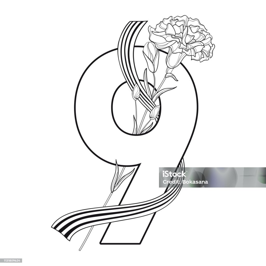 Vector greeting template for may victory day with outline carnation flower number and ribbon of saint george in black isolated on white background stock illustration