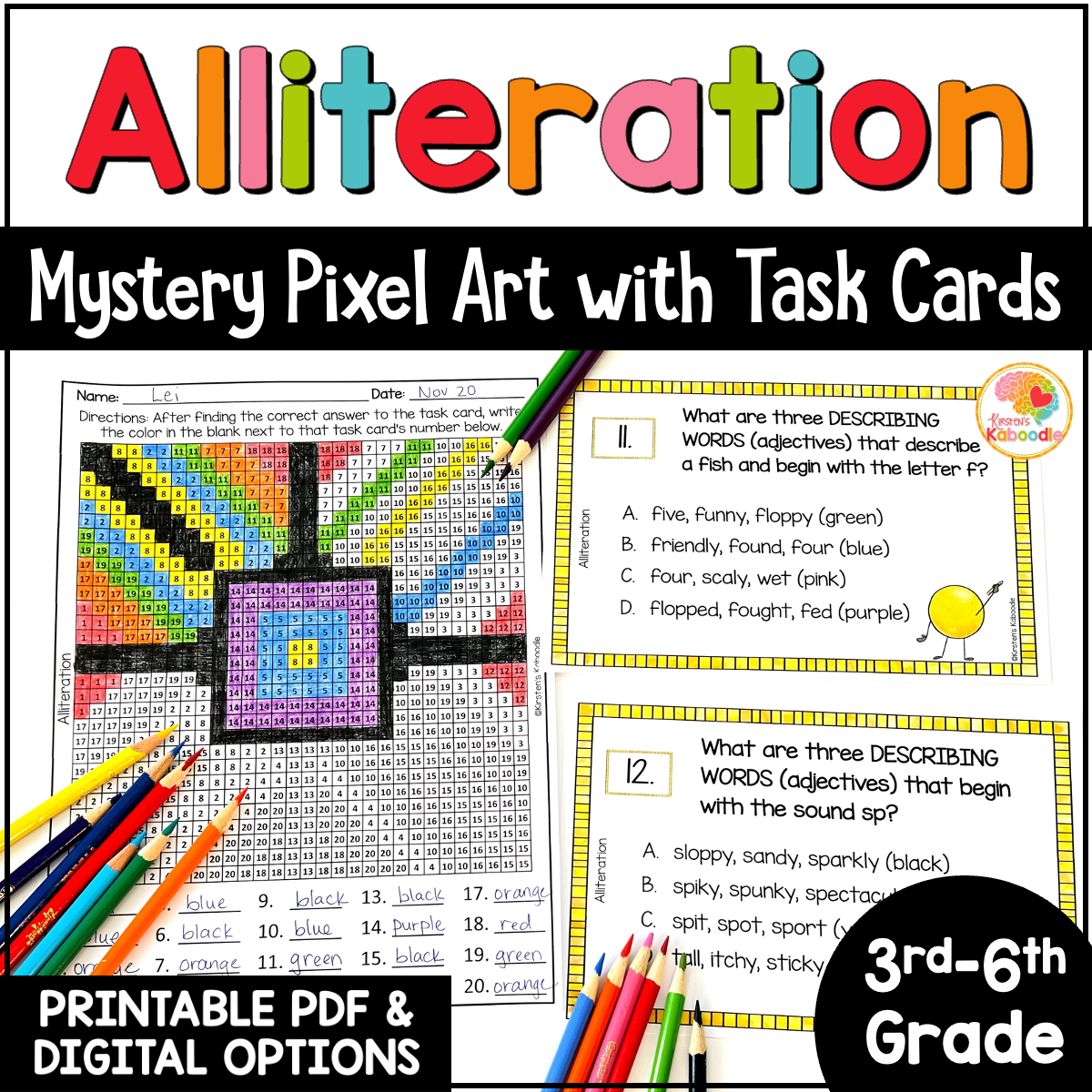 Alliteration color by number mystery pixel art activity w digital