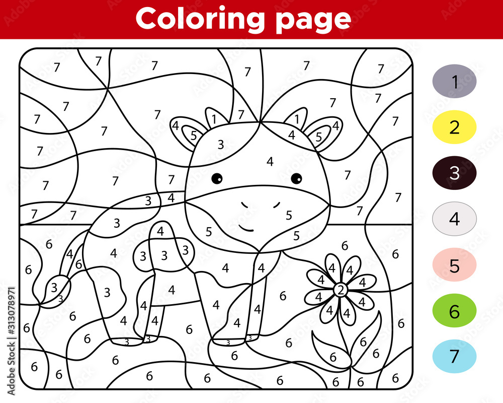 Number coloring page for children cute kawaii farm animal