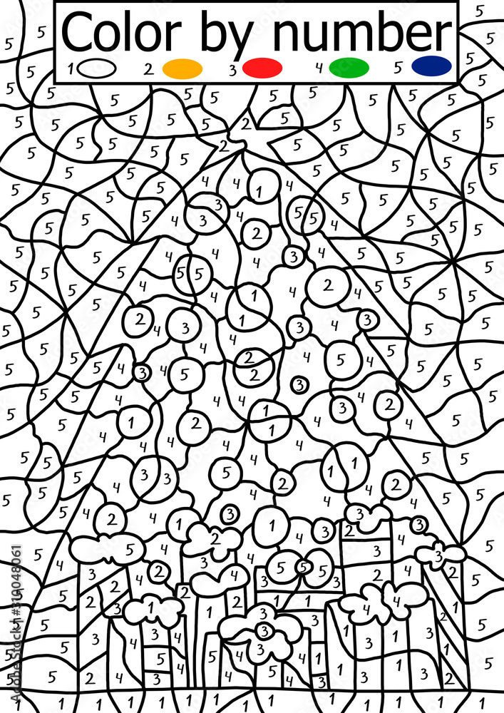 Color by number puzzle for kids funny decorated christmas tree and gifts number coloring page for children winter holidays printable work sheet one of a series illustration