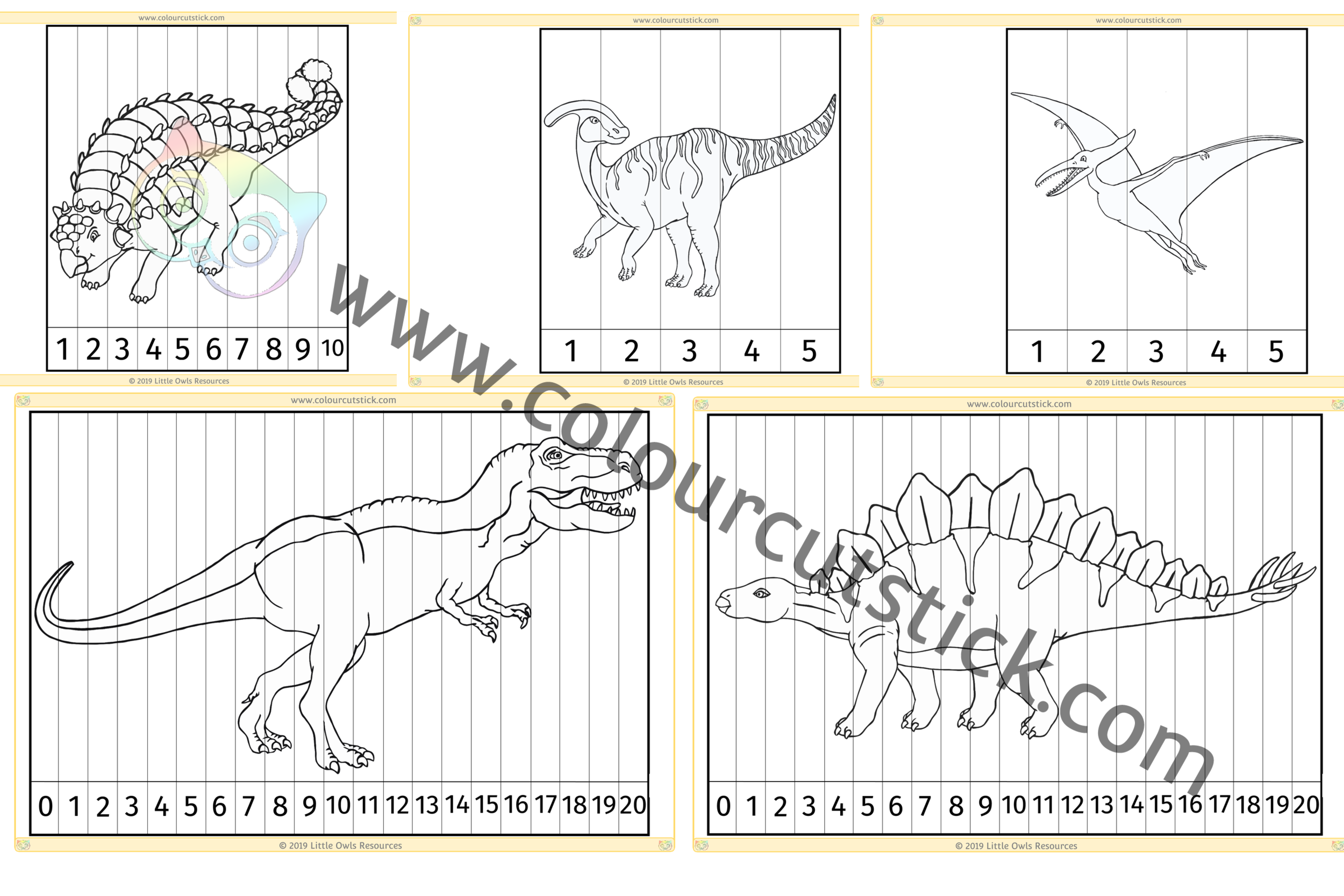 Free dinosaurs number slice puzzles colouringcoloring pack