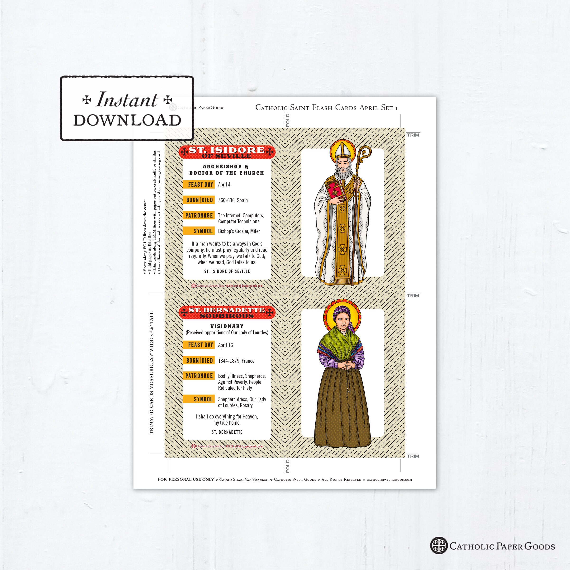 Catholic saint flash cards april set