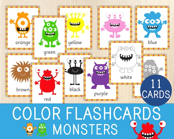 Color flashcards monsters colors for toddlers learning cards for preschool montessori homeschool monster birthday party favor