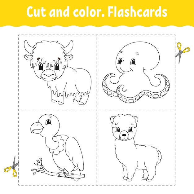 Premium vector cut and color flashcard set coloring book for kids cute cartoon character black contour silhouette isolated on white background vector illustration