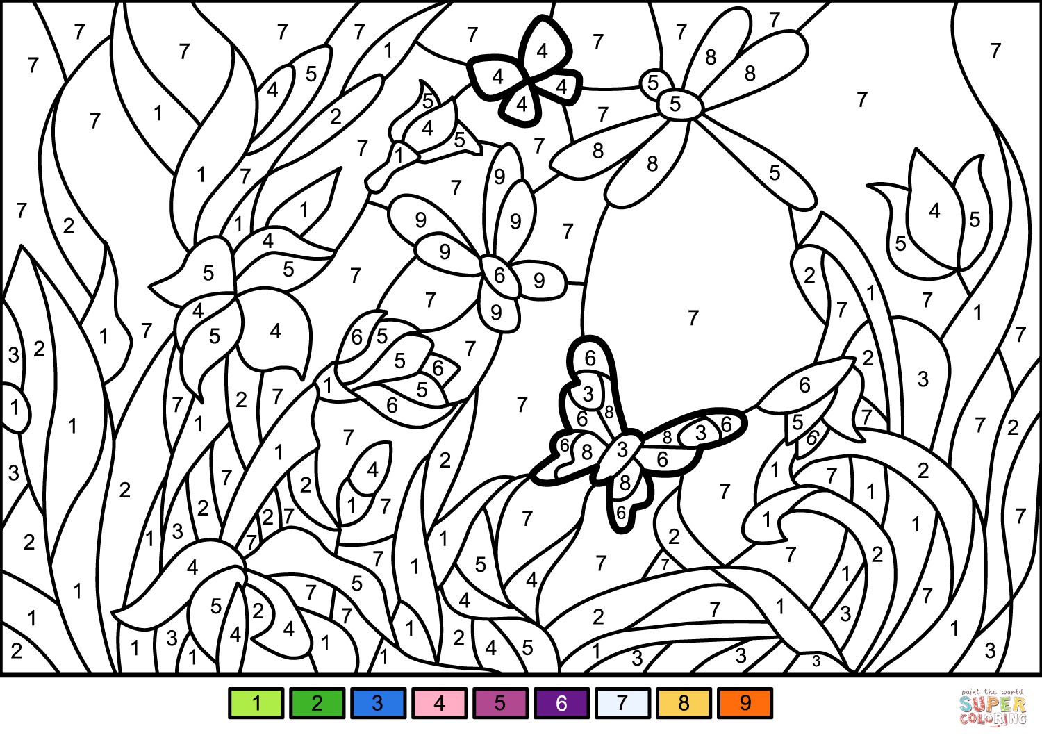 Flower garden color by number free printable coloring pages