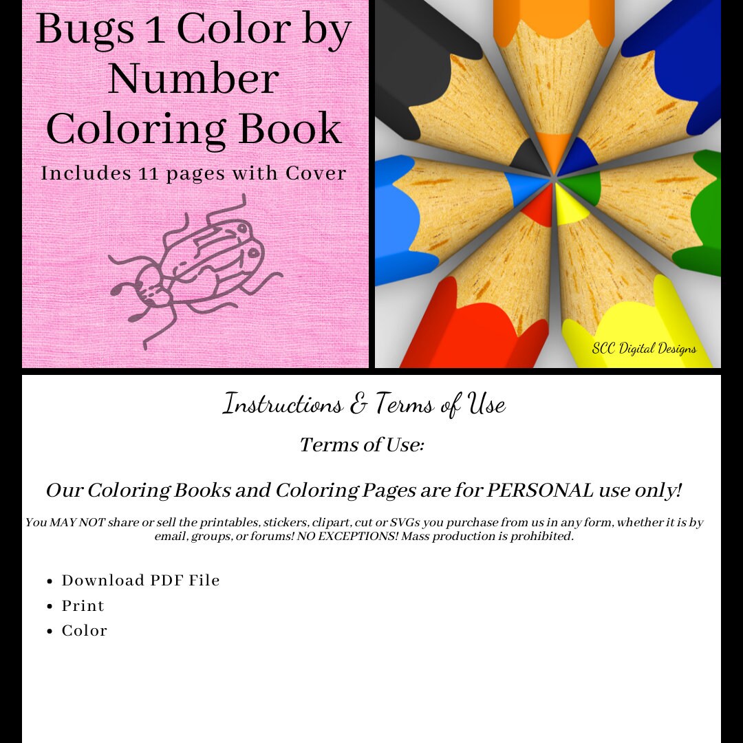 Color by number bugs printable coloring book lady bug beatle mo â scc digital designs