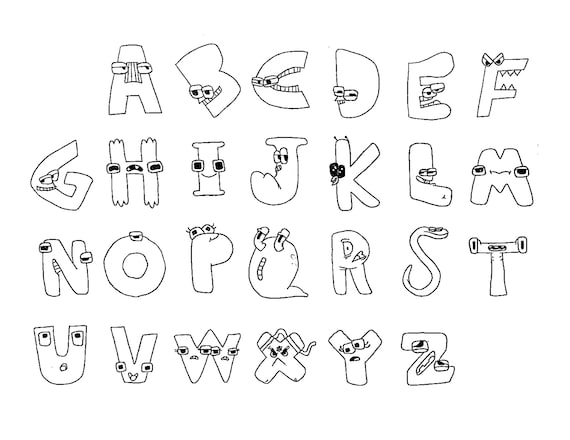 Fun hand drawn alphabet lore childrens youtube show coloring page black and white printable art