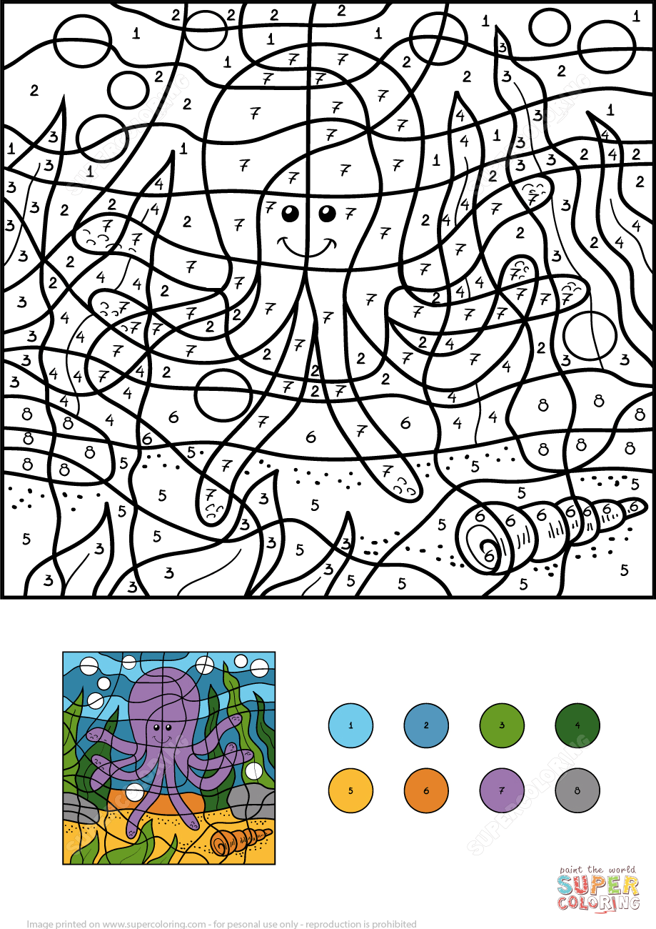 Funny octopus color by number free printable coloring pages