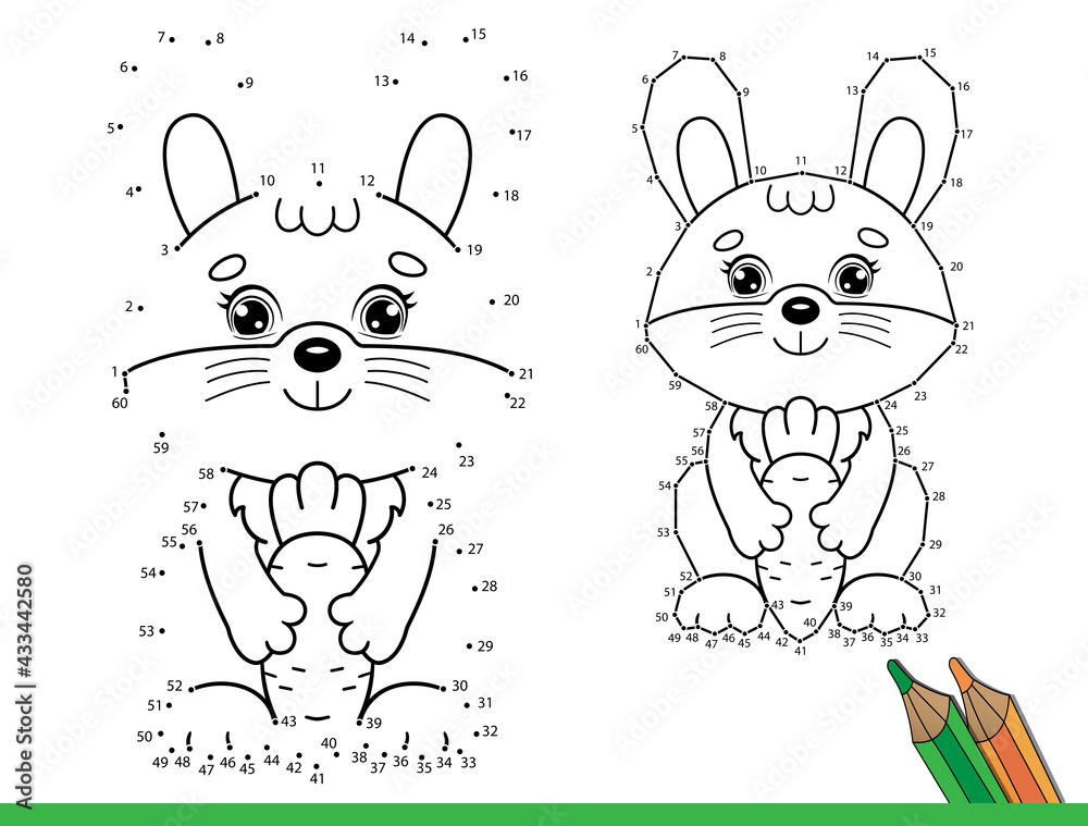 Puzzle game for kids numbers game coloring page outline of cartoon little bunny or rabbit with carrot coloring book for children vector