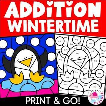 Winter color by number code addition to sums math coloring pages sheets