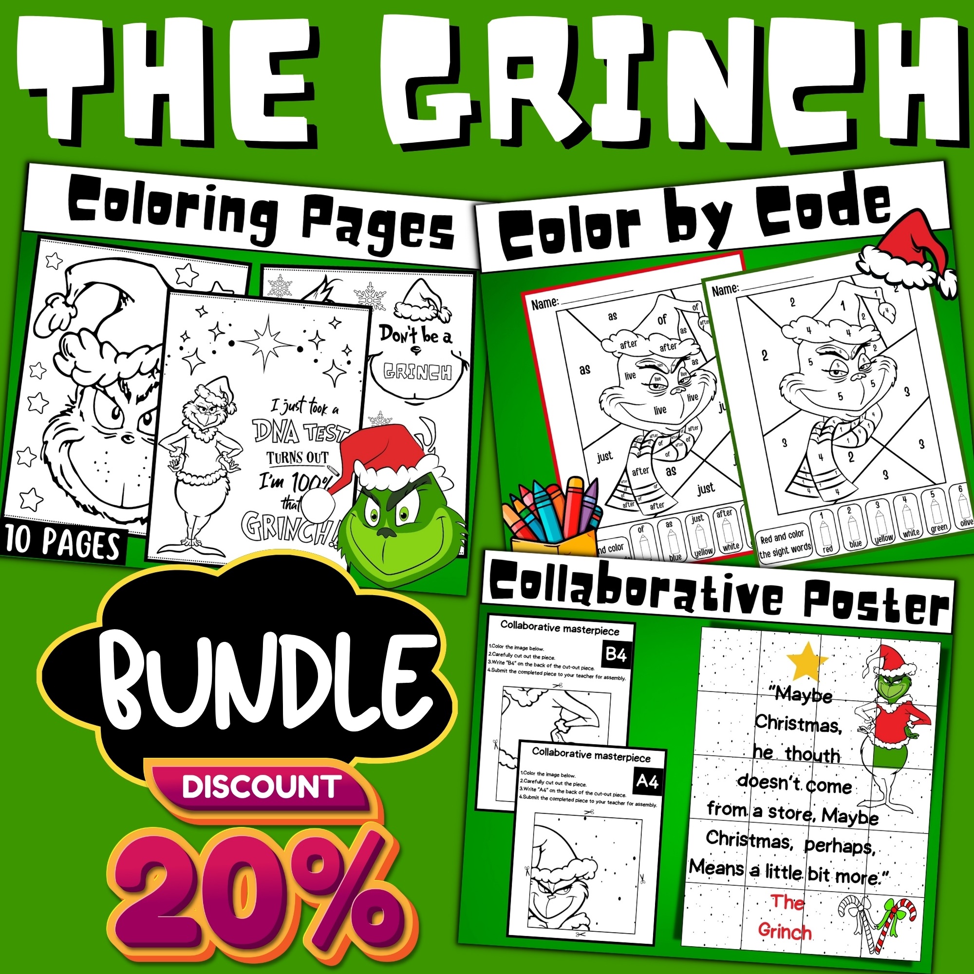 The grinch coloring pages bundle grinch day collaborative poster color by code made by teachers