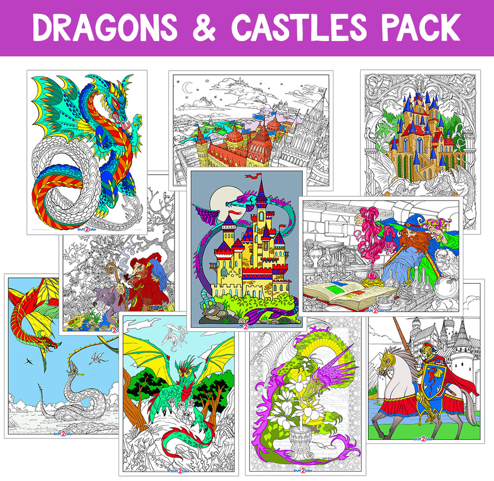 Dragons castles and fantasy coloring poster