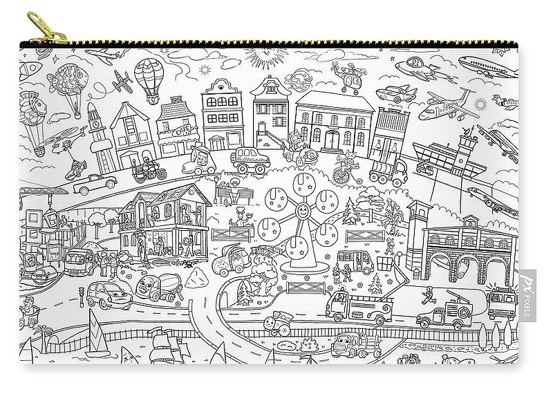 Printable coloring pages for children poster transport city line art illustration zip pouch by olha zolotnyk