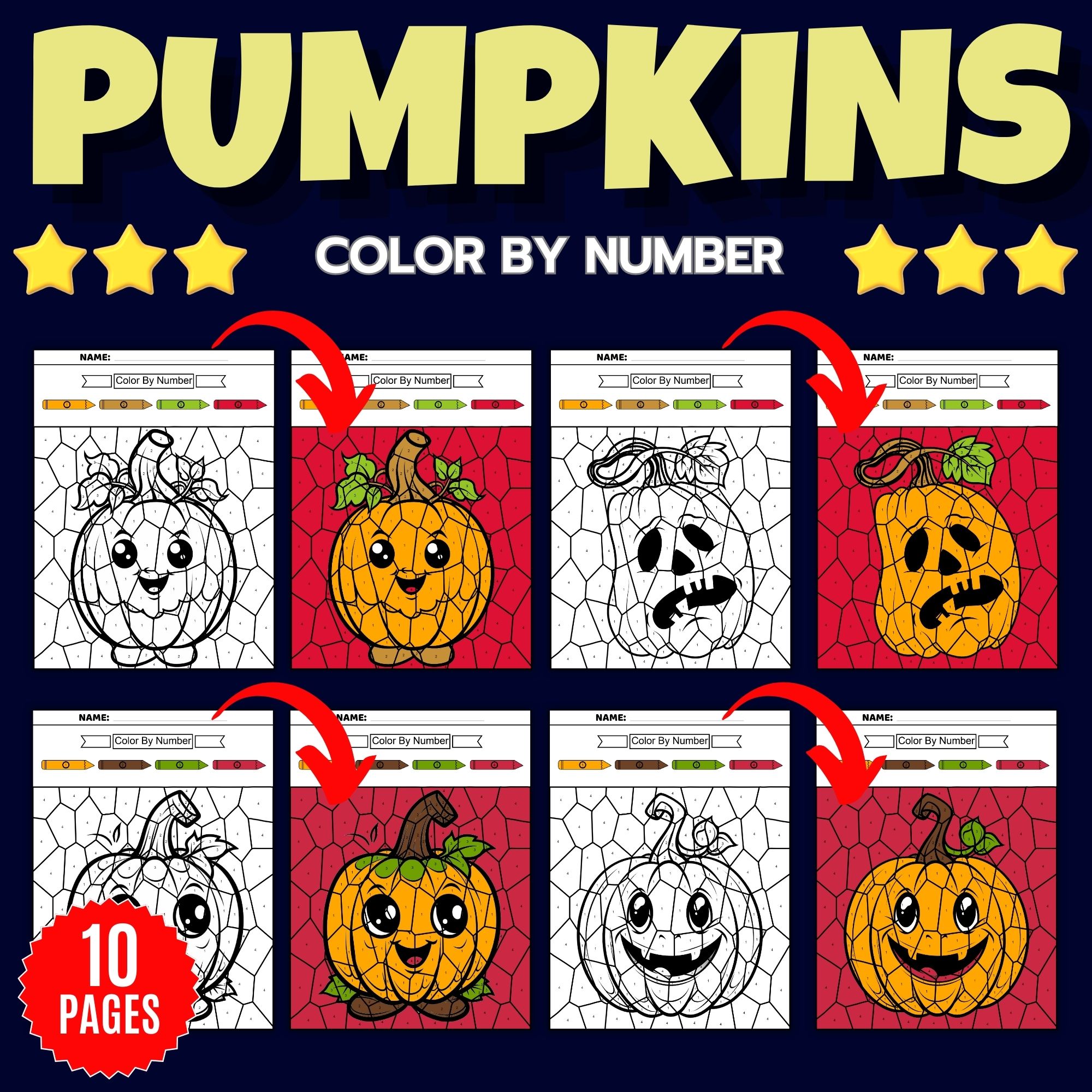 Autumn fall pumpkin color by number coloring pages