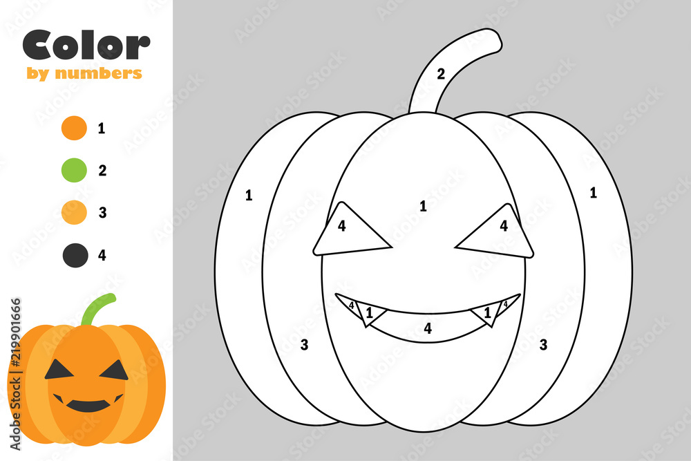 Pumpkin in cartoon style color by number halloween education paper game for the development of children coloring page kids preschool activity printable worksheet vector illustration vector