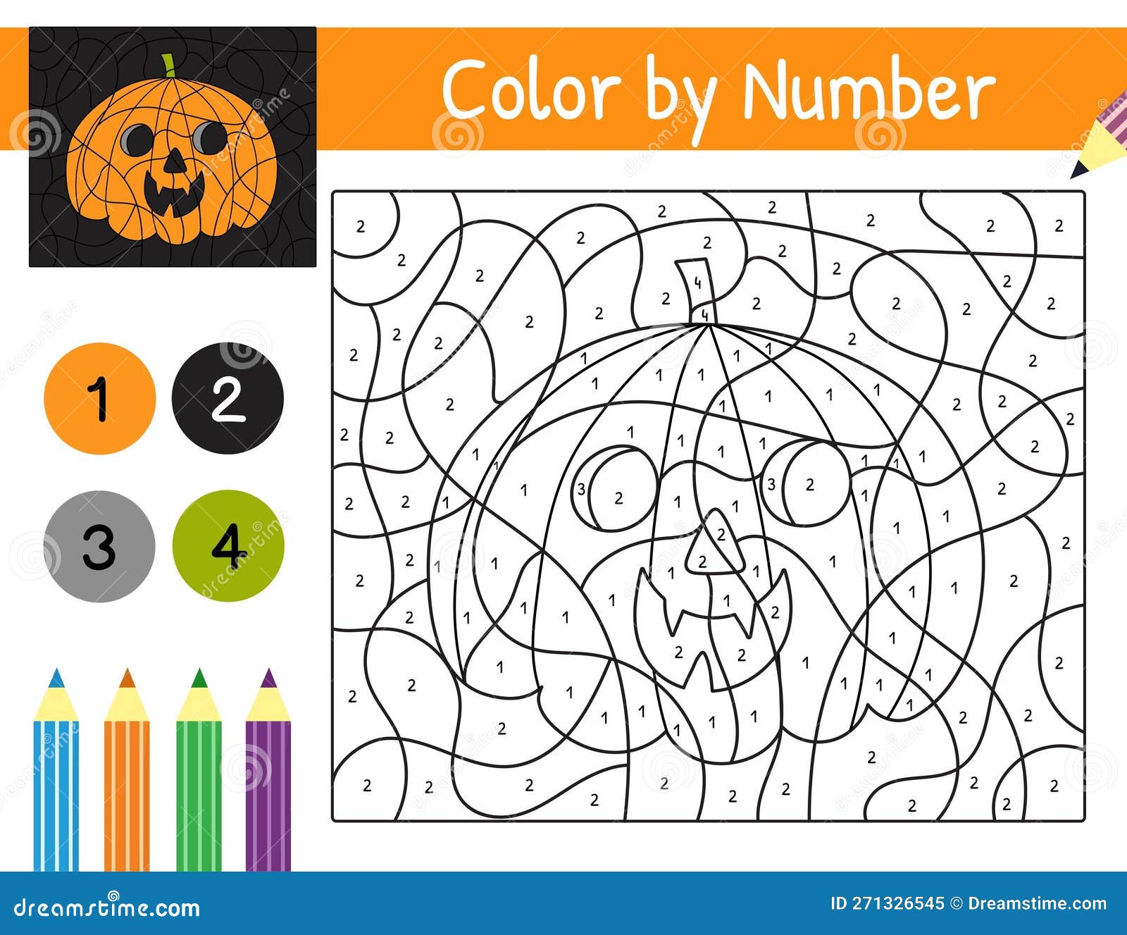 Halloween pumpkin color by number game for kids coloring page stock vector