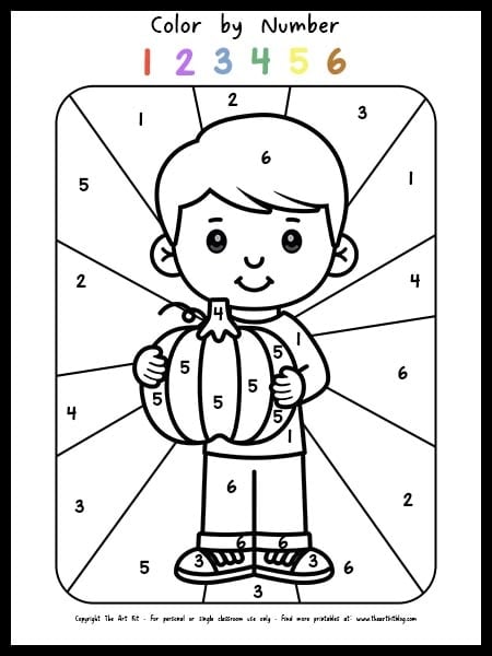 Boy holding pumpkin color by number coloring page free printable â the art kit