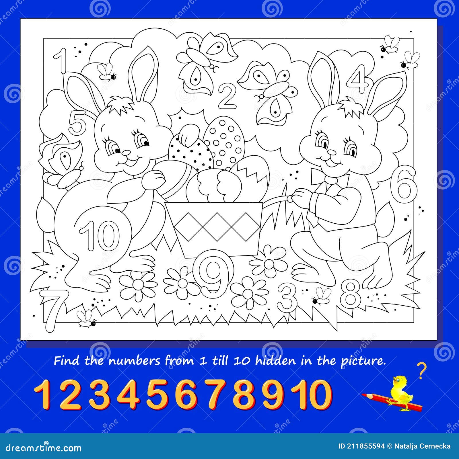 Logic puzzle game math education for young children find the numbers from to hidden in the picture and paint them stock vector