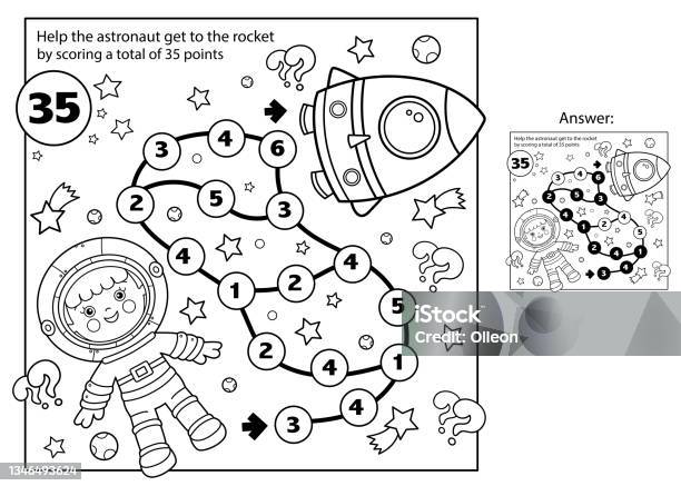 Puzzle game for kids numbers game coloring page outline of cartoon flying saucer with little alien coloring book for children stock illustration
