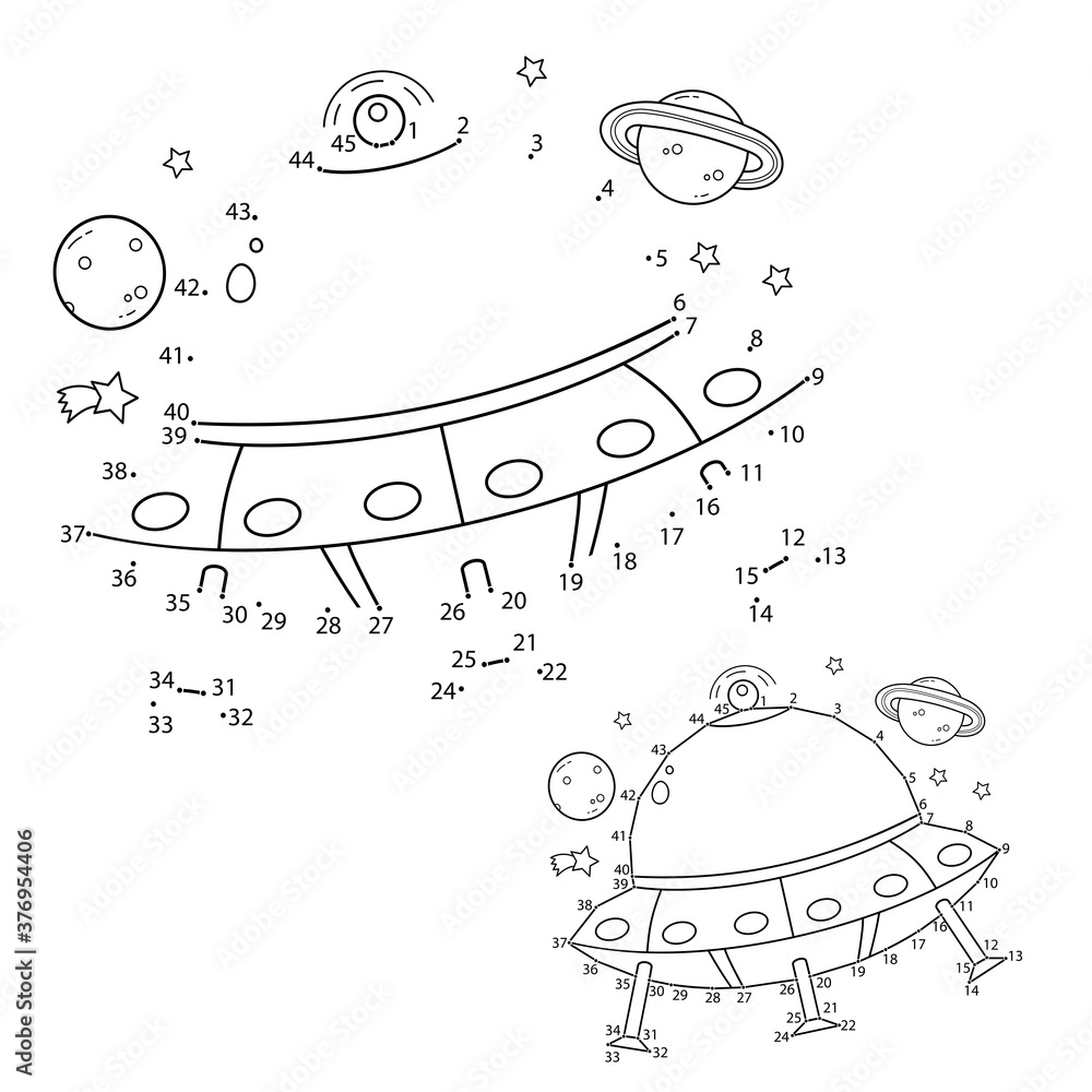 Puzzle game for kids numbers game coloring page outline of cartoon flying saucer coloring book for children vector