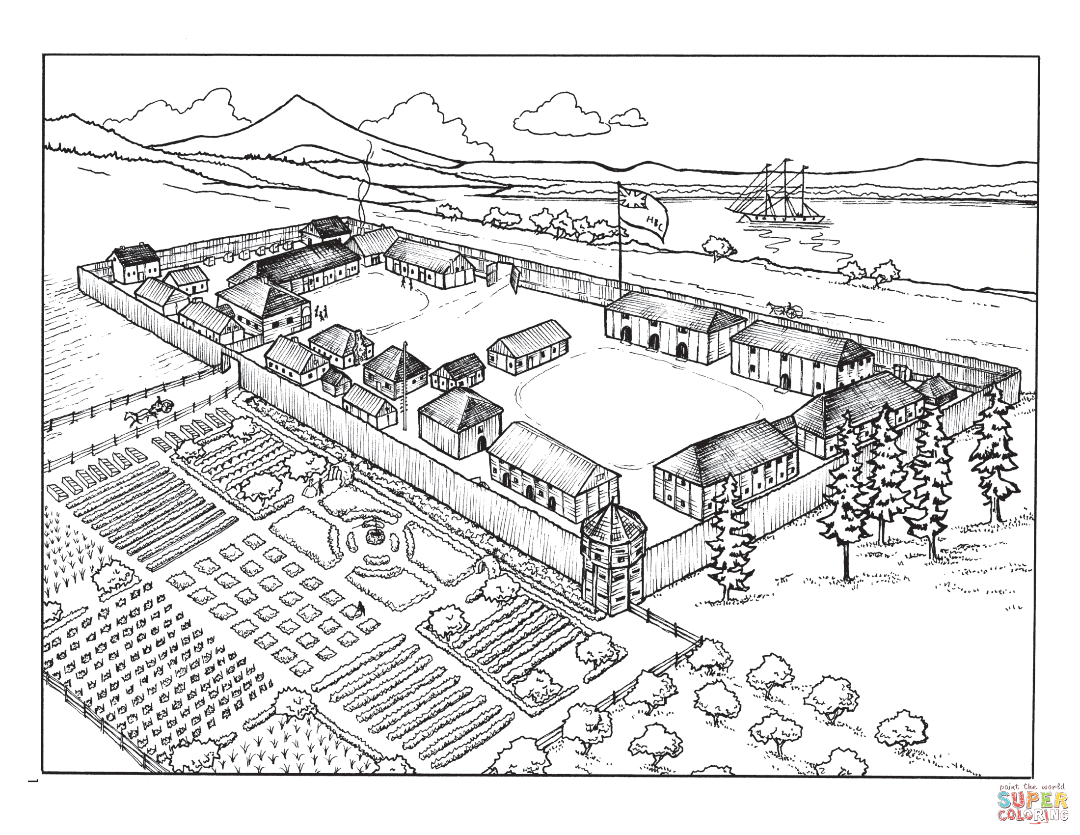 Fort vancouver aerial view coloring page free printable coloring pages