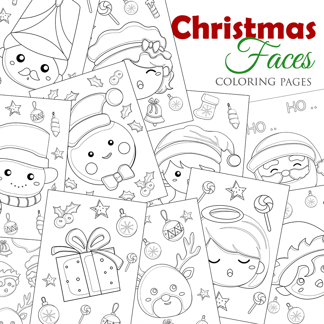 Cute christmas faces elf snowman deer animal girl kids angel cartoon coloring pages for kids and adult