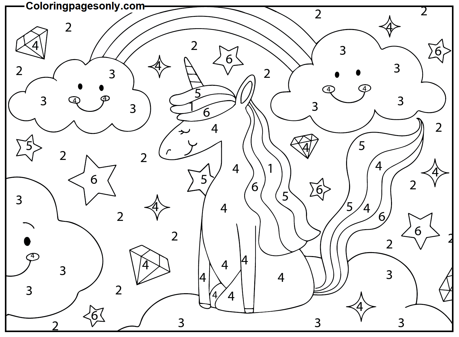 Unicorn color by number easy coloring page
