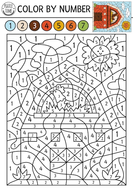 Premium vector vector on the farm color by number activity with red barn rural country scene black and white counting game with farm house coloring page for kids with countryside scene
