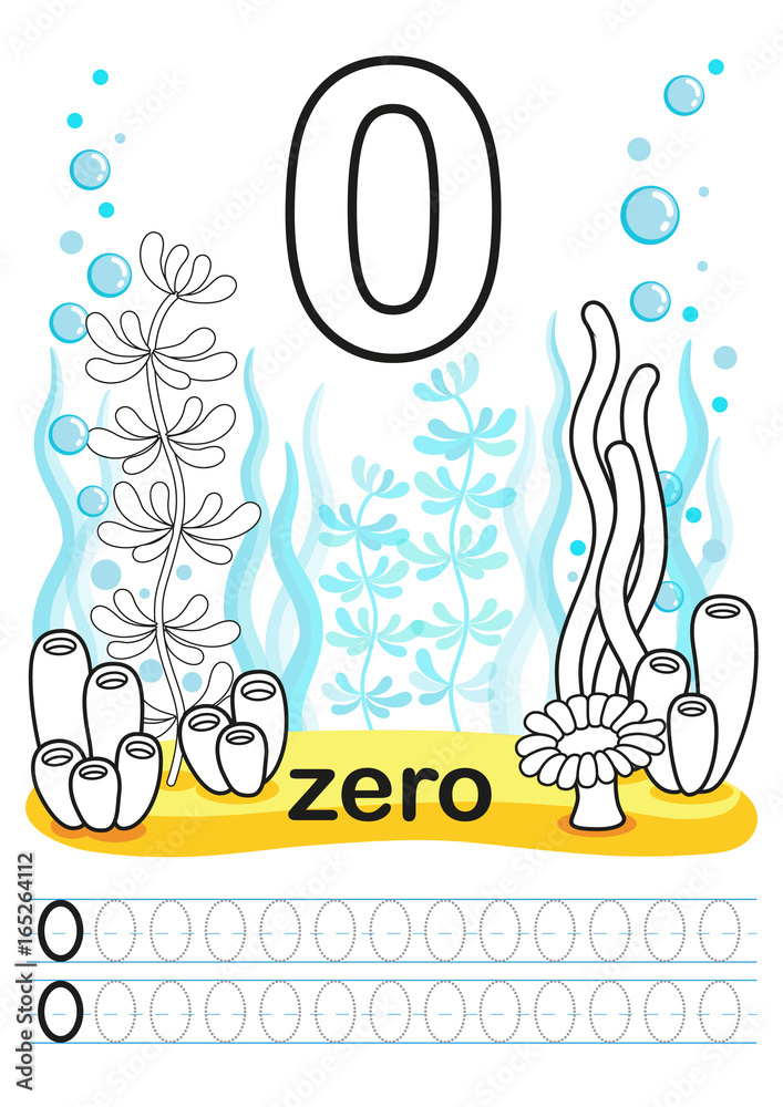 Coloring printable worksheet for kindergarten and preschool we train to write numbers math exercises bright figures on a marine background number and marine plants illustration