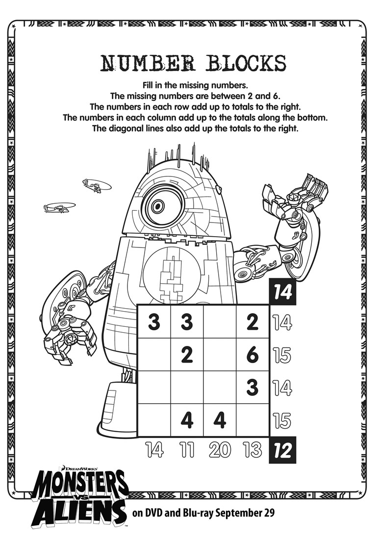 Monsters vs aliens number blocks soduko printable â printables for kids â free word search puzzles coloring pages and other activities