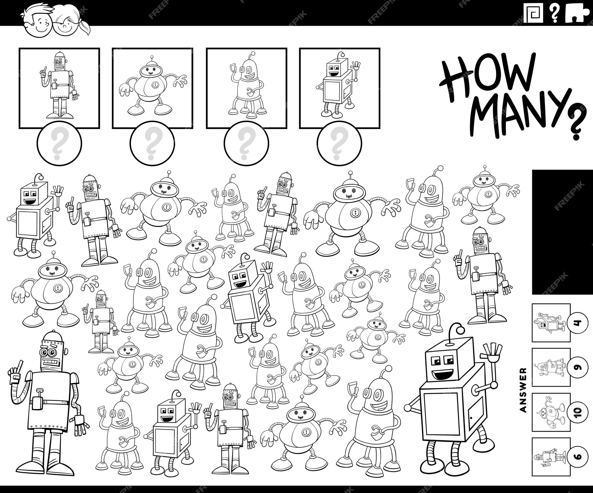 Premium vector how many cartoon robots counting game coloring page