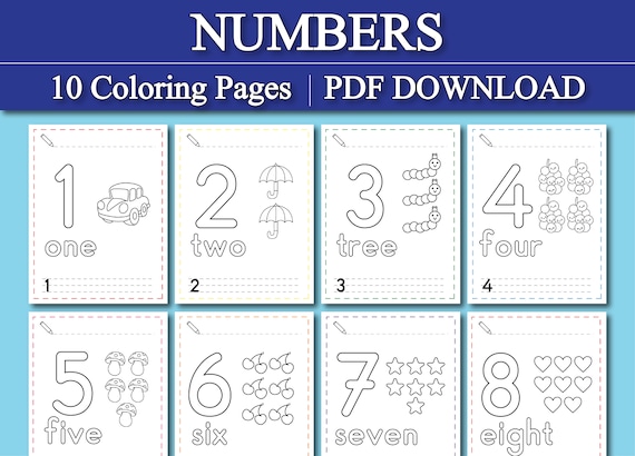 Numbers coloring pages preschool kindergarten homeschool worksheets digital coloring pages printable pdf download instant download