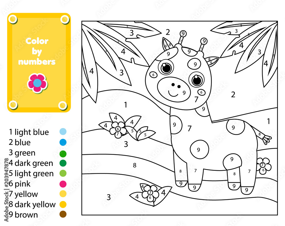 Children educational game coloring page with giraffe in jungle color by numbers printable activity vector