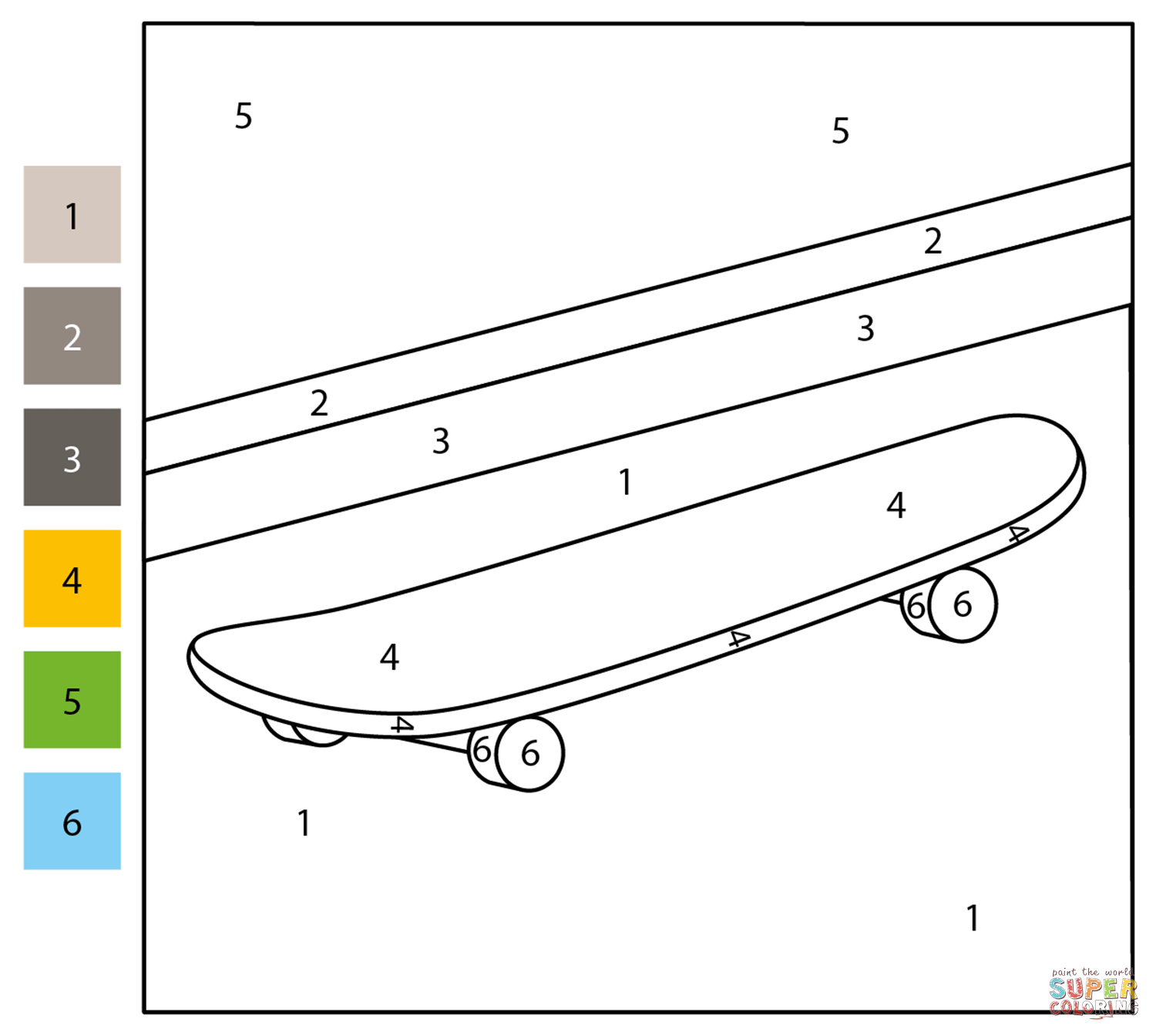 Skateboard color by number free printable coloring pages