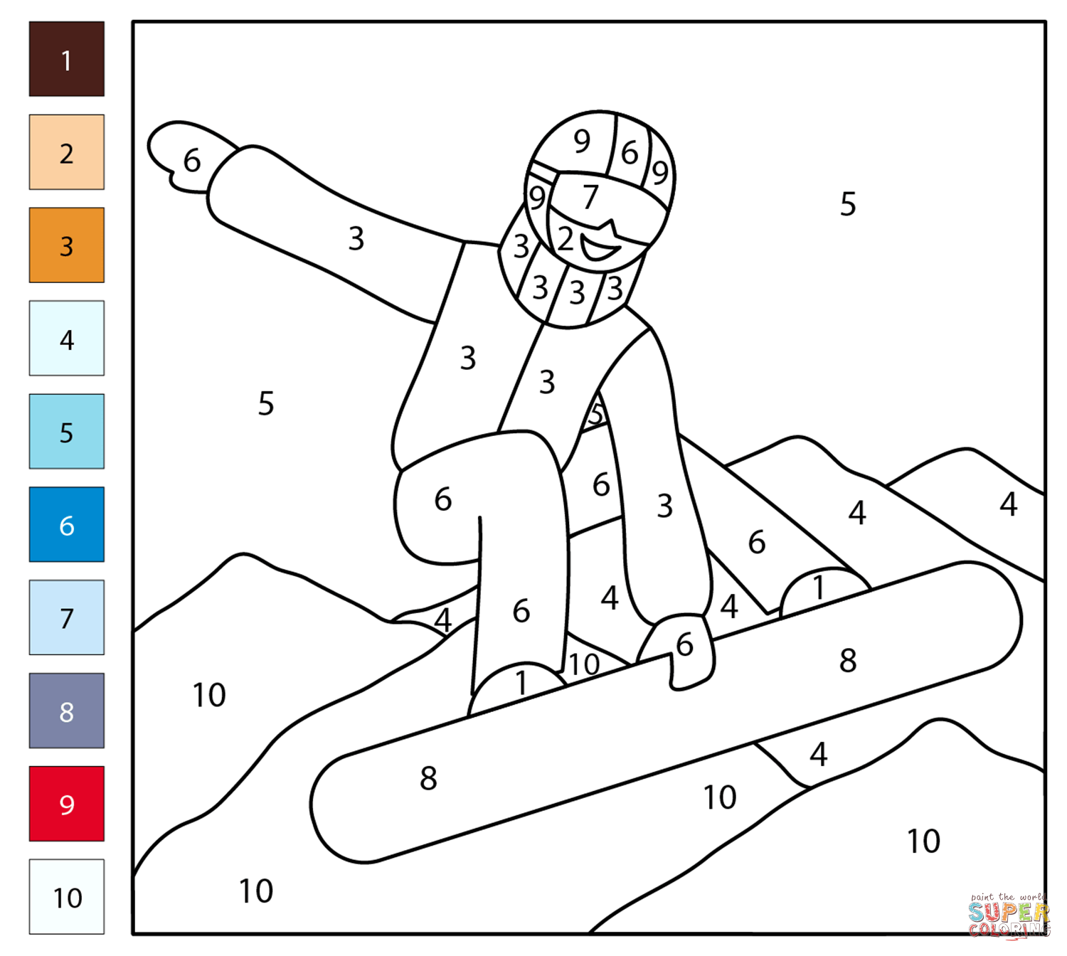 Snowboarder color by number free printable coloring pages