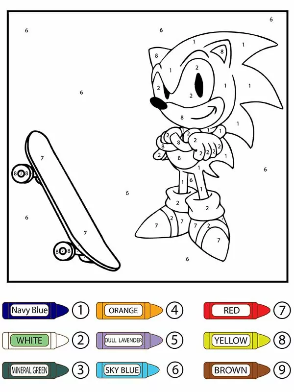 Sonic and skateboard color by number fãrbung seite