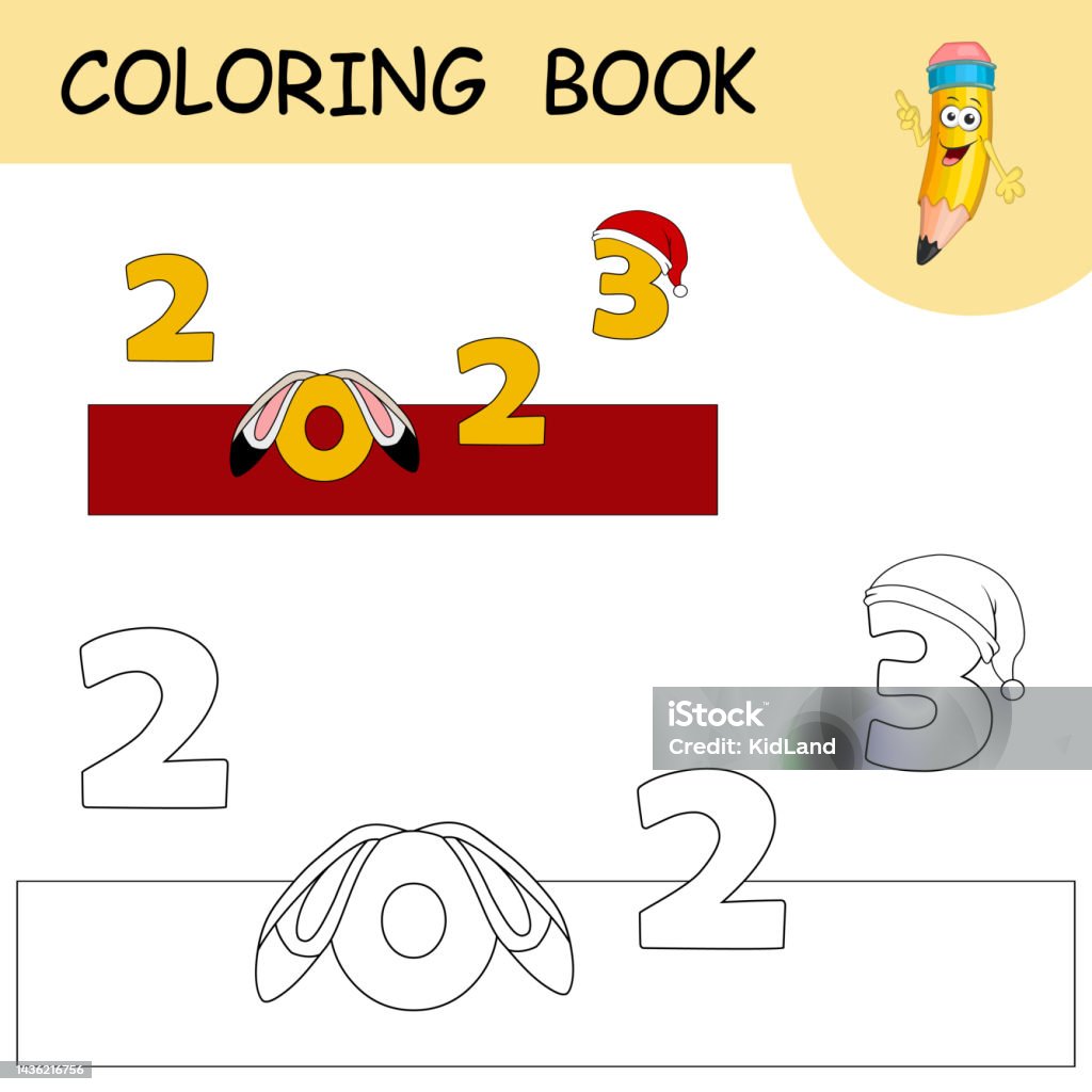 Coloring book with cartoon rabbit ears and santa claus hat on numbers colorless and color example hare on coloring page worksheet greeting card antistress coloring with new year art for kids