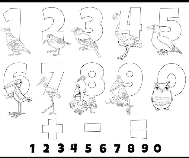 Premium vector educational numbers set with ic birds coloring page