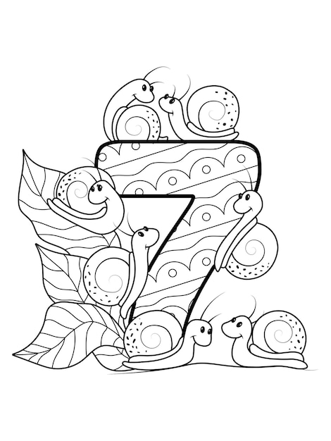 Premium vector coloring page numbers education and fun for childrens printable sheet seven and snails on foliage