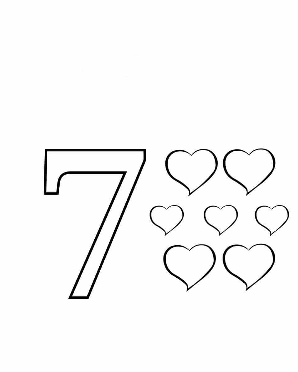 Coloring page of the number seven and seven hearts coloring pages color numbers