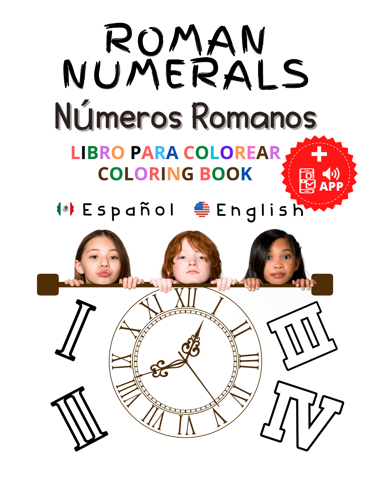 Roman numerals coloring books for bilingual children with audio app and activity section