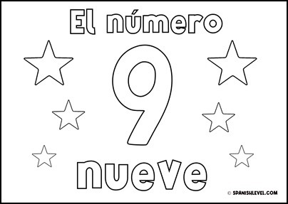 Number nine in spanish coloring page spanish level