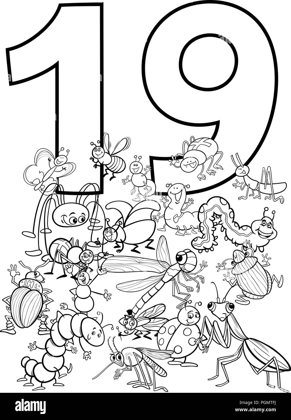 Cartoon illustration of number nineteen and insect characters group stock vector image art