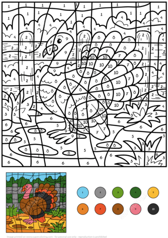 Turkey color by number free printable coloring pages