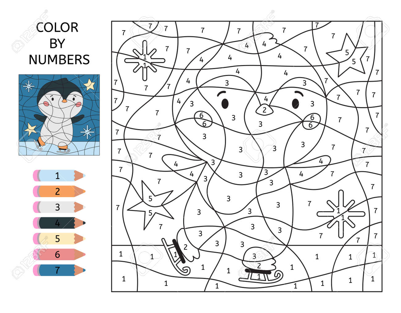 Color by number cute cartoon penguin on skates educational game for preschool children learn numbers winter coloring page activity worksheet kawaii animal royalty free svg cliparts vectors and stock illustration image