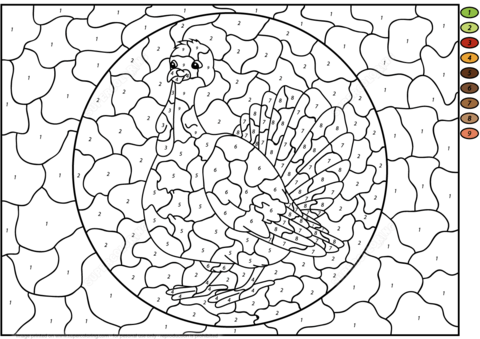 Turkey color by number free printable coloring pages