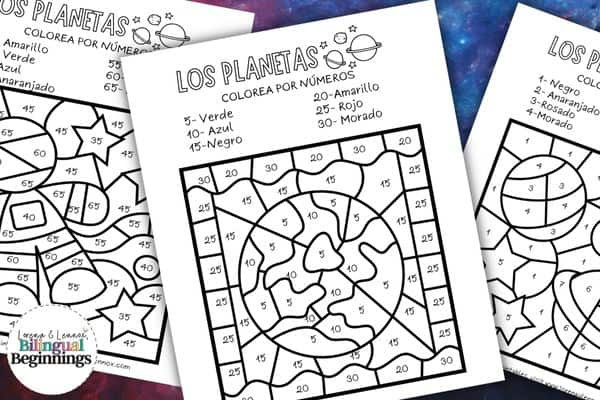 Space and planet color by number pages in spanish