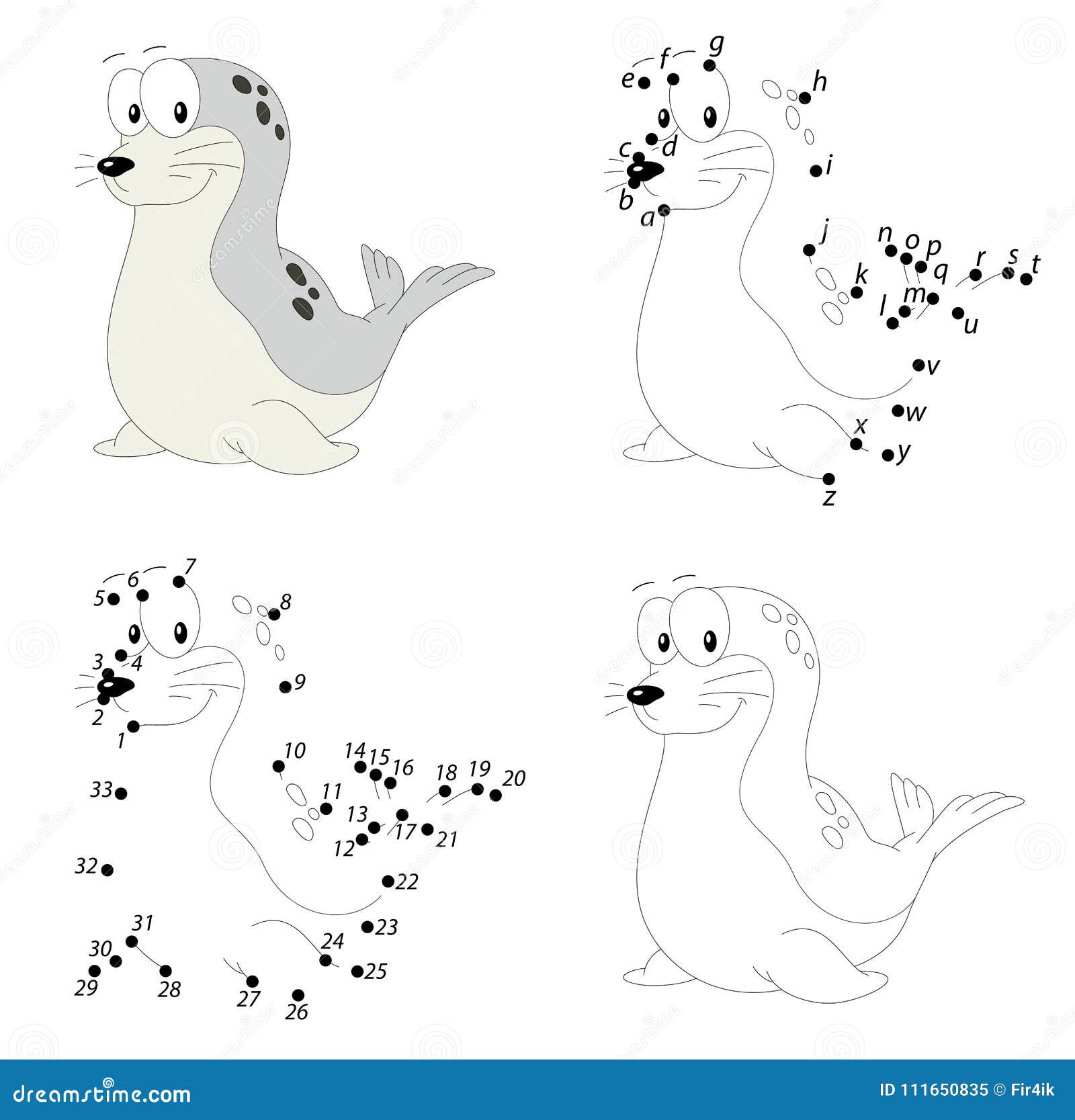 Cartoon fur seal coloring book and dot to dot game for kids stock vector