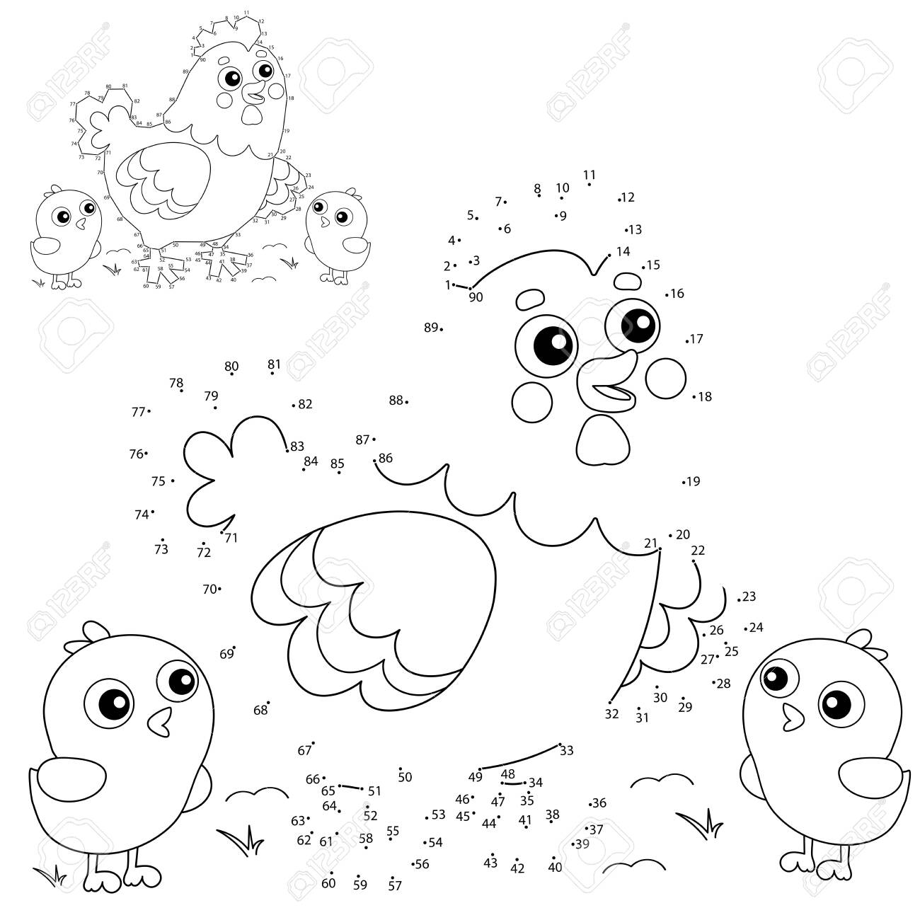 Educational puzzle game for kids numbers game cartoon chicken or hen with chicks farm animals coloring book for children royalty free svg cliparts vectors and stock illustration image