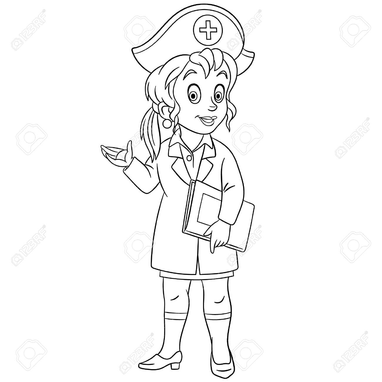 Colouring page cute cartoon nurse young female doctor childish design for kids coloring book about people professions royalty free svg cliparts vectors and stock illustration image